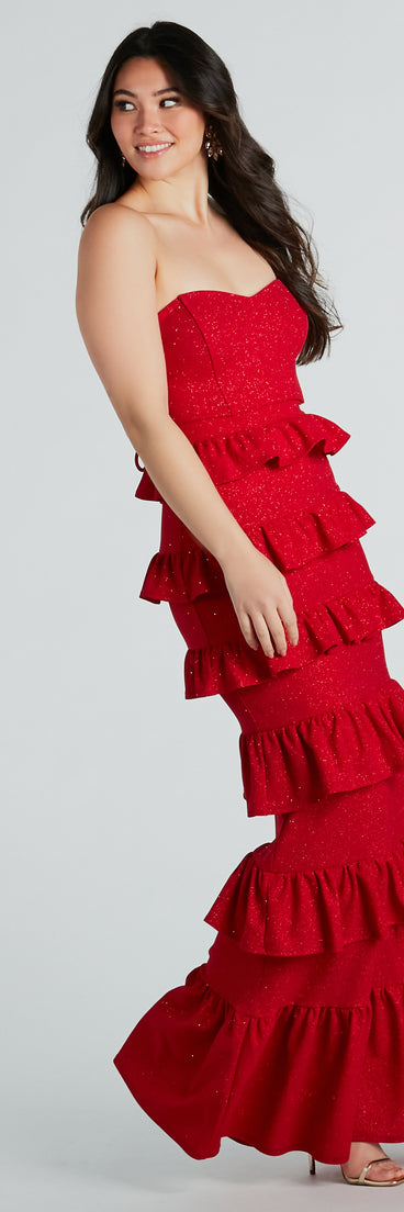 Bridget Formal Glitter Ruffled Long Dress is a gorgeous pick as your summer formal dress for wedding guests, bridesmaids, or military birthday ball attire!