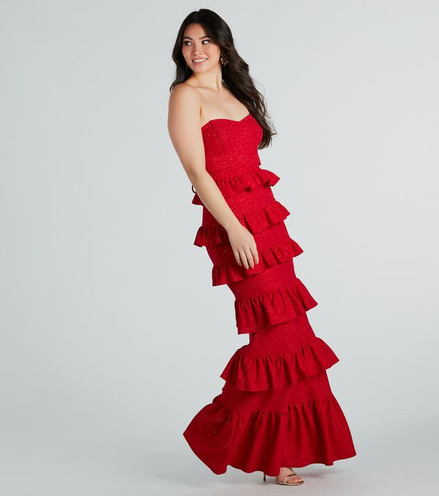 Bridget Formal Glitter Ruffled Long Dress is a gorgeous pick as your summer formal dress for wedding guests, bridesmaids, or military birthday ball attire!