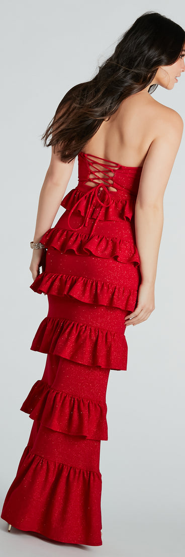 Bridget Formal Glitter Ruffled Long Dress is a gorgeous pick as your summer formal dress for wedding guests, bridesmaids, or military birthday ball attire!