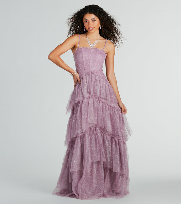 Saylor Formal Glitter Tulle A-Line Long Dress is the perfect prom dress pick with on-trend details to make the 2024 dance your most memorable event yet!