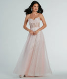 You�ll sparkle all night long in the Ariel Corset Glitter Mesh A-Line Prom Dress in blush pink when styled with sparkly prom jewelry and rhinestone platform heels.