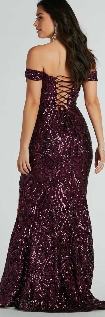 You'll be the best dressed in the Alanna Off-The-Shoulder Sequin Mermaid Dress as your summer formal dress with unique details from Windsor.