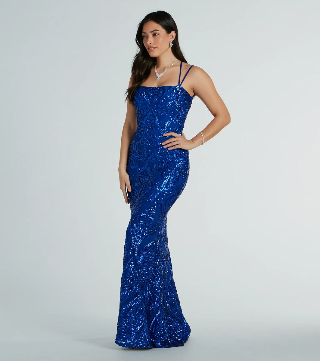 Delaney Lace-Up Mermaid Sequin Formal Dress