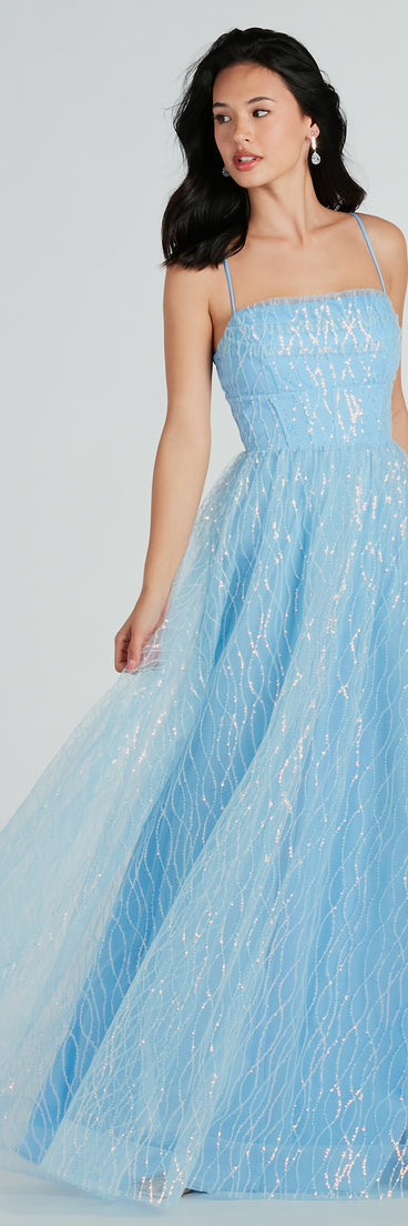 Amiyah Formal Sequin Tulle Corset A-Line Dress is a stunning choice for a bridesmaid dress or maid of honor dress, and to feel beautiful at Prom 2024, summer weddings, formals, & military balls!