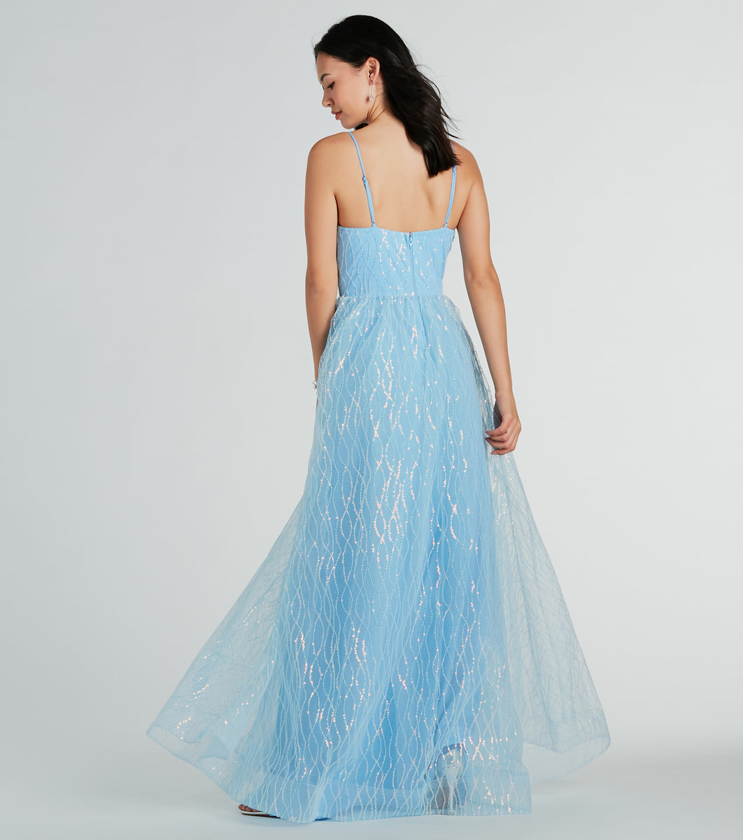 A-Line Off Shoulder Sequins Sheer Corset Tulle Dress Ivory