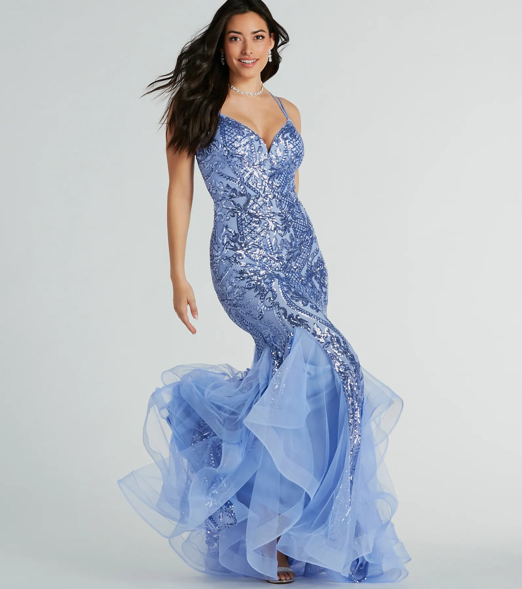Sylvia Lace-Up Mermaid Tulle Ruffle Sequin Dress & Windsor