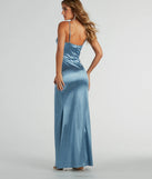 You'll be the best dressed in the Lana Cowl Neck Mermaid Satin Glitter Formal Dress as your summer formal dress with unique details from Windsor.