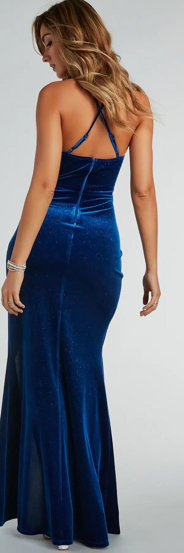 You'll be the best dressed in the Alexis Bustier Mermaid Glitter Velvet Formal Dress as your summer formal dress with unique details from Windsor.