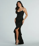 You'll be the best dressed in the Laney Ruffled Slit Glitter Knit Mermaid Dress as your summer formal dress with unique details from Windsor.