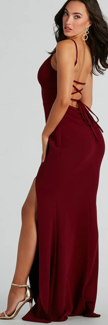 You'll be the best dressed in the Nicolette Lace-Up Mermaid Crepe Formal Dress as your summer formal dress with unique details from Windsor.