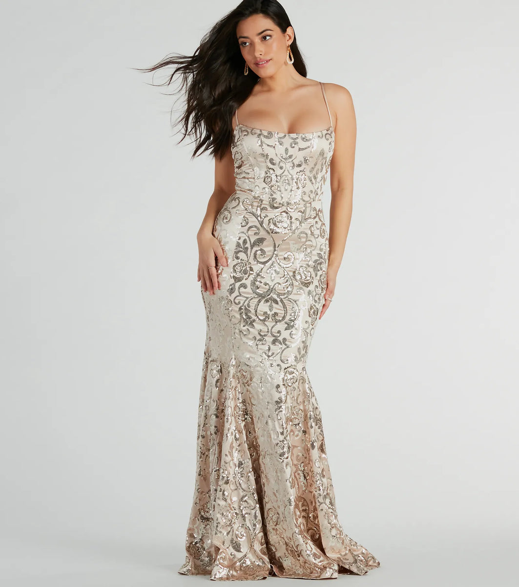 Carly Lace-Up Mermaid Sequin Satin Formal Dress