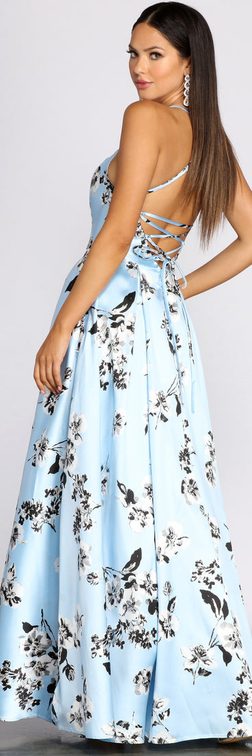 The Calissa Lace Up Back Floral Ball Gown is a gorgeous pick as your 2023 prom dress or formal gown for wedding guest, spring bridesmaid, or army ball attire!