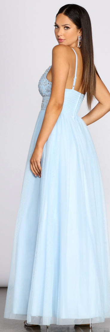 The Coco Beaded Tulle Ball Gown is a gorgeous pick as your 2023 prom dress or formal gown for wedding guest, spring bridesmaid, or army ball attire!