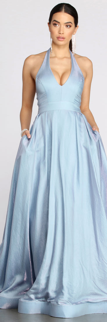 Dani Shimmer Halter Ball Gown creates the perfect summer wedding guest dress or cocktail party dresss with stylish details in the latest trends for 2023!