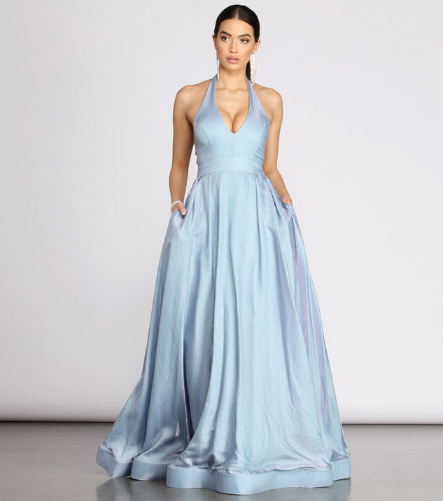 Dani Shimmer Halter Ball Gown creates the perfect summer wedding guest dress or cocktail party dresss with stylish details in the latest trends for 2023!