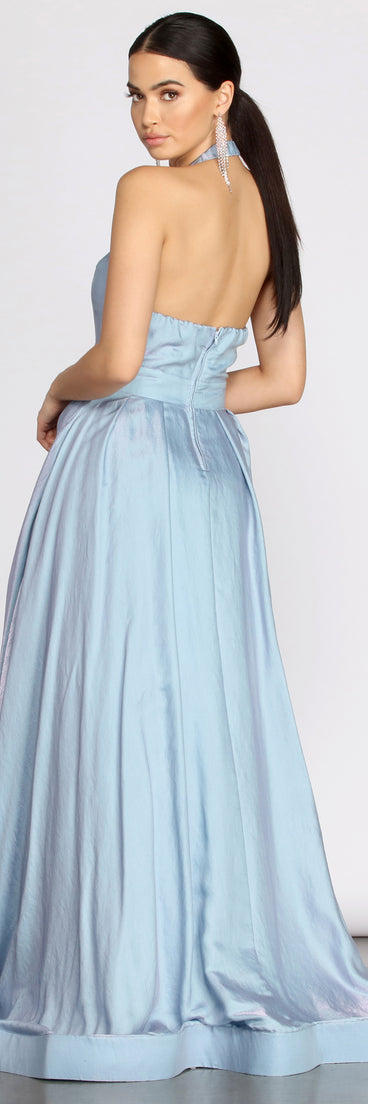 Dani Shimmer Halter Ball Gown creates the perfect summer wedding guest dress or cocktail party dresss with stylish details in the latest trends for 2023!