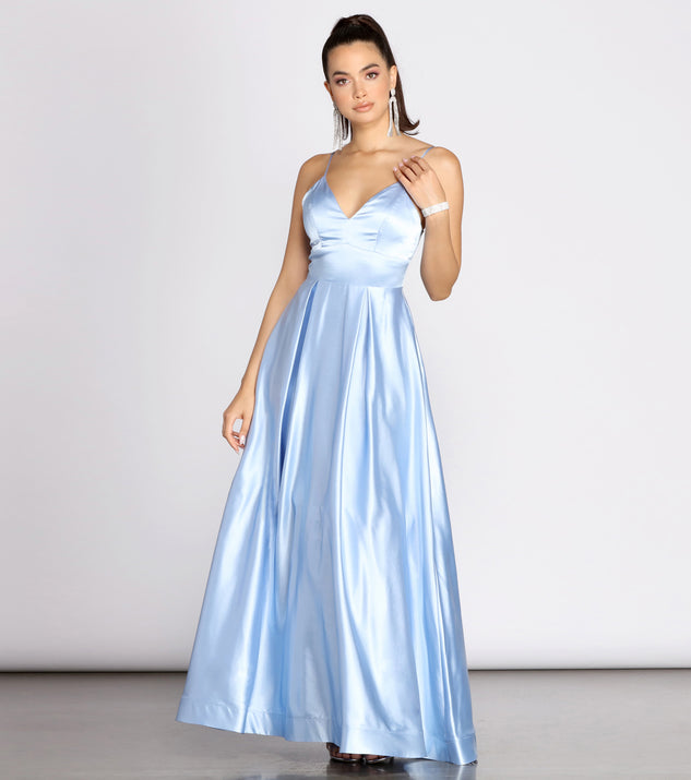 The Idina Satin Lace Up Ball Gown is a gorgeous pick as your 2023 prom dress or formal gown for wedding guest, spring bridesmaid, or army ball attire!