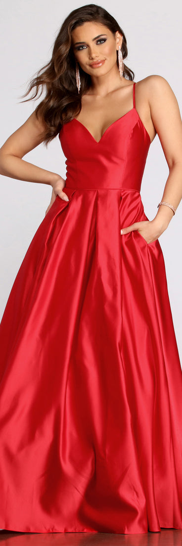The Kendall Satin Lace Up Back Ball Gown is a gorgeous pick as your 2023 prom dress or formal gown for wedding guest, spring bridesmaid, or army ball attire!