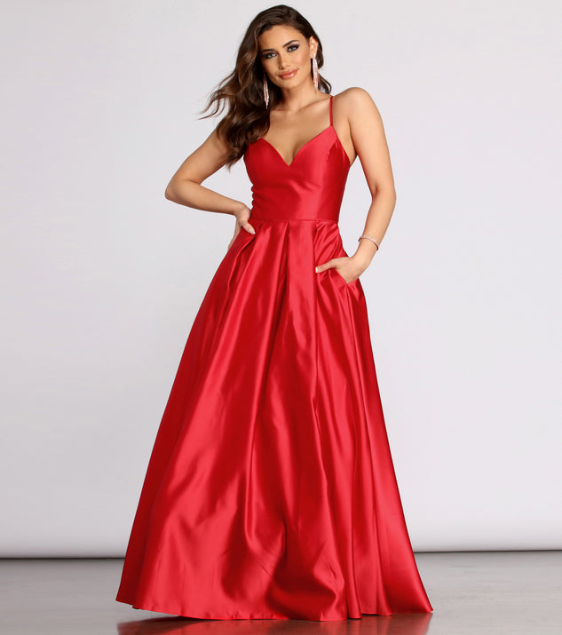 The Kendall Satin Lace Up Back Ball Gown is a gorgeous pick as your 2023 prom dress or formal gown for wedding guest, spring bridesmaid, or army ball attire!