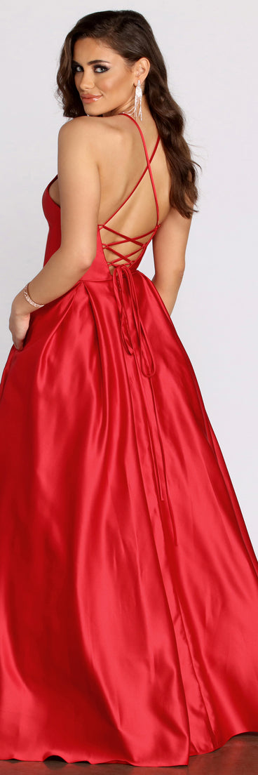 The Kendall Satin Lace Up Back Ball Gown is a gorgeous pick as your 2023 prom dress or formal gown for wedding guest, spring bridesmaid, or army ball attire!