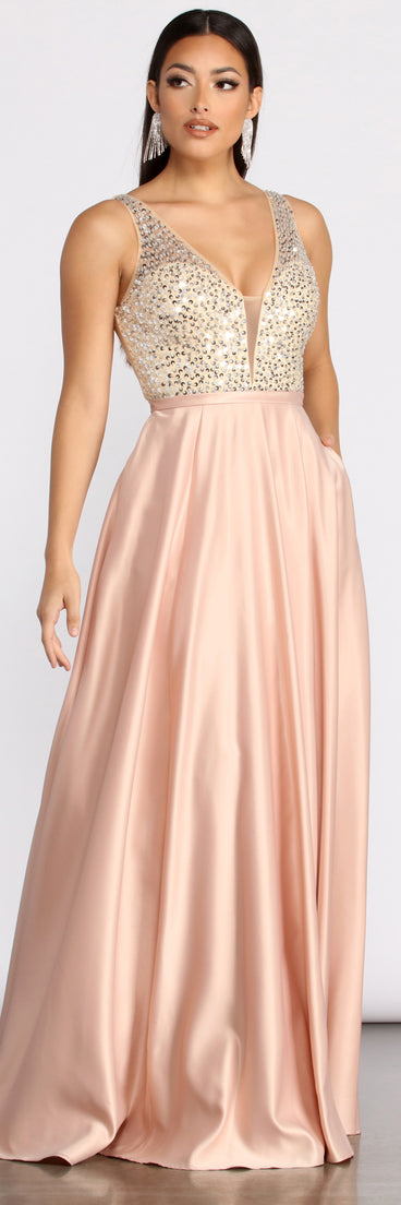 Adina Sequin and Satin Ball Gown creates the perfect summer wedding guest dress or cocktail party dresss with stylish details in the latest trends for 2023!