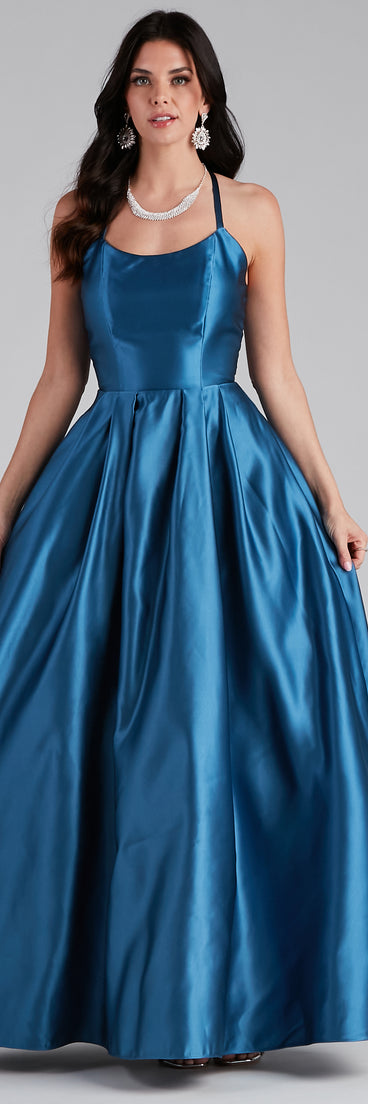 The Christine Sleeveless Satin Ball Gown is a gorgeous pick as your 2023 prom dress or formal gown for wedding guest, spring bridesmaid, or army ball attire!