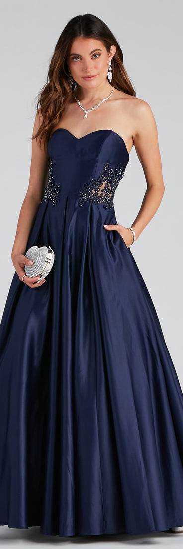 Tinsley Embroidered Pleated Satin Ball Gown is a gorgeous pick as your 2023 prom dress or formal gown for wedding guest, spring bridesmaid, or army ball attire!