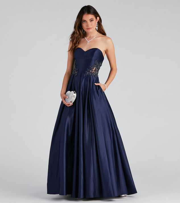 Tinsley Embroidered Pleated Satin Ball Gown is a gorgeous pick as your 2023 prom dress or formal gown for wedding guest, spring bridesmaid, or army ball attire!