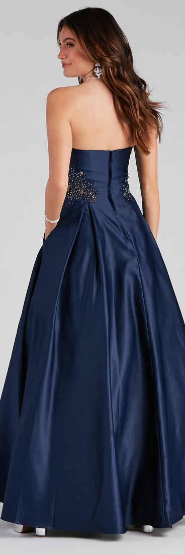 Tinsley Embroidered Pleated Satin Ball Gown is a gorgeous pick as your 2023 prom dress or formal gown for wedding guest, spring bridesmaid, or army ball attire!