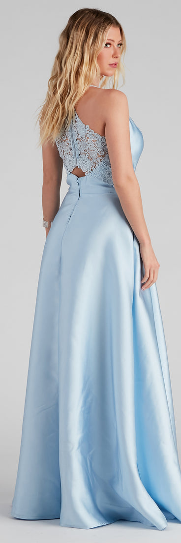 Lottie Formal Satin And Lace Ball Gown is a gorgeous pick as your 2023 prom dress or formal gown for wedding guest, spring bridesmaid, or army ball attire!