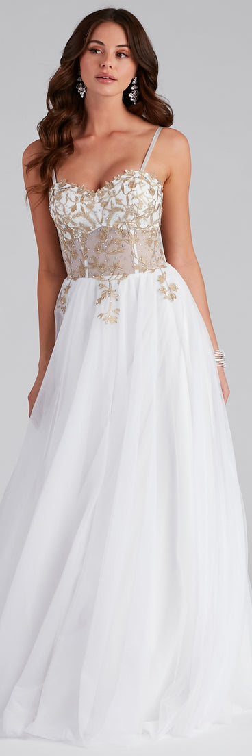 The Arie Embroidered Corset Tulle A-Line Gown is a gorgeous pick as your 2023 prom dress or formal gown for wedding guest, spring bridesmaid, or army ball attire!