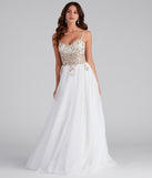 The Arie Embroidered Corset Tulle A-Line Gown is a gorgeous pick as your 2023 prom dress or formal gown for wedding guest, spring bridesmaid, or army ball attire!