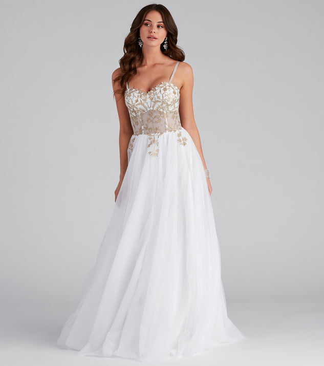 The Arie Embroidered Corset Tulle A-Line Gown is a gorgeous pick as your 2023 prom dress or formal gown for wedding guest, spring bridesmaid, or army ball attire!