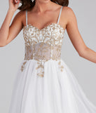 The Arie Embroidered Corset Tulle A-Line Gown is a gorgeous pick as your 2023 prom dress or formal gown for wedding guest, spring bridesmaid, or army ball attire!