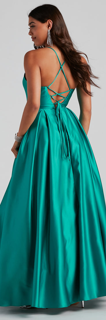 Molly Satin Lace Up Ball Gown is a gorgeous pick as your 2023 prom dress or formal gown for wedding guest, spring bridesmaid, or army ball attire!