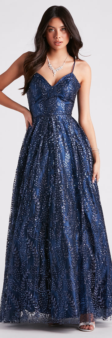 Own the spotlight in the Arleth Glitter Mesh Lace-Up Ball Gown, a formal dress crafted to deliver luxe style for summer weddings, Army Balls, or any special event.