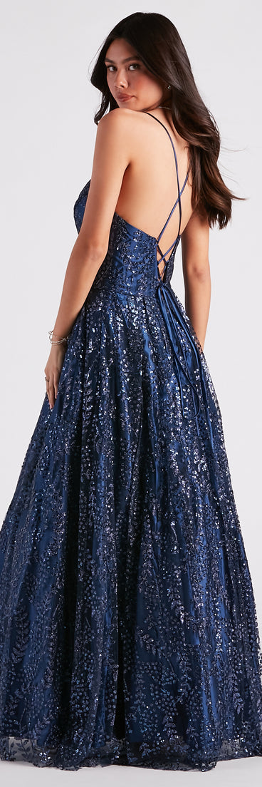 Arleth Glitter Mesh Lace-Up Ball Gown is the perfect prom dress pick with on-trend details to make the 2024 dance your most memorable event yet!