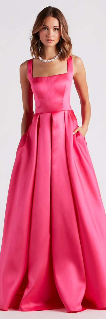 Kristine Satin Lace-Up A-Line  Pink Prom Gown is a gorgeous pick as your 2023 prom dress or formal gown for wedding guest, spring bridesmaid, or army ball attire!