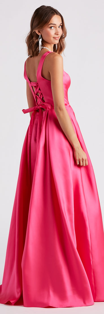 Kristine Satin Lace-Up A-Line  Pink Prom Gown is a gorgeous pick as your 2023 prom dress or formal gown for wedding guest, spring bridesmaid, or army ball attire!