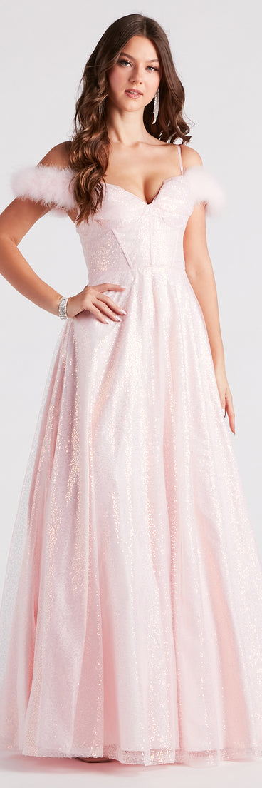 Kayleen Sequin Feather A-Line Ball Gown