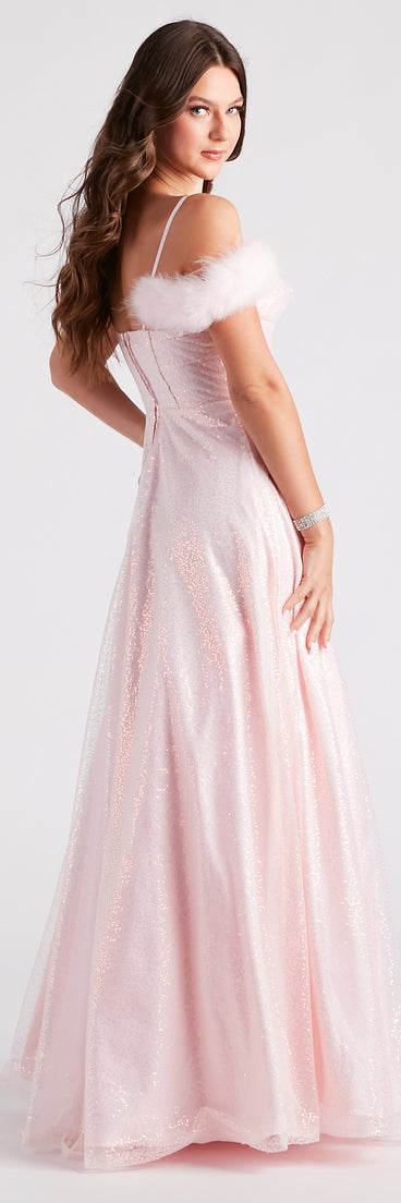 Kayleen Sequin Feather A-Line Ball Gown