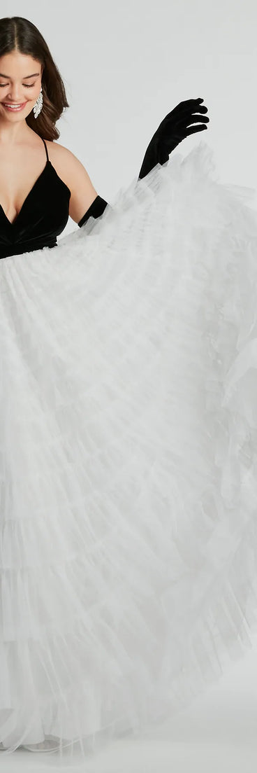 Carrie A-Line Ruffled Mesh Ball Gown With Gloves is the perfect prom dress pick with on-trend details to make the 2024 dance your most memorable event yet!
