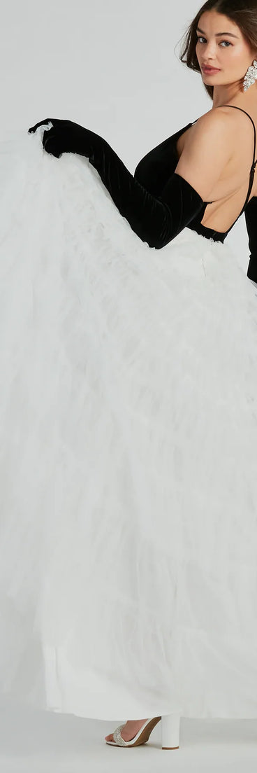 Carrie A-Line Ruffled Mesh Ball Gown With Gloves is the perfect prom dress pick with on-trend details to make the 2024 dance your most memorable event yet!