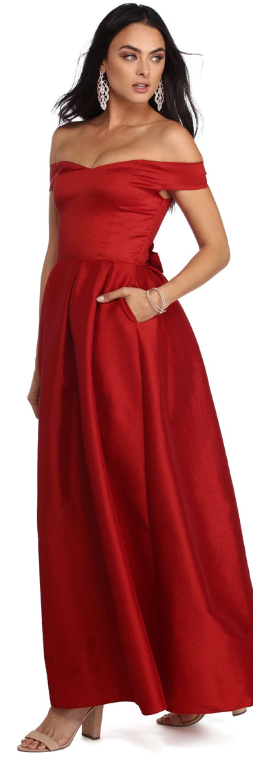 Lucia Off The Shoulder Taffeta Ballgown is a gorgeous pick as your 2023 prom dress or formal gown for wedding guest, spring bridesmaid, or army ball attire!