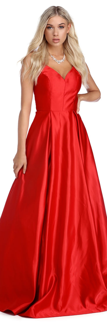 The Aubree Ravishing Satin Ball Gown is a gorgeous pick as your 2023 prom dress or formal gown for wedding guest, spring bridesmaid, or army ball attire!