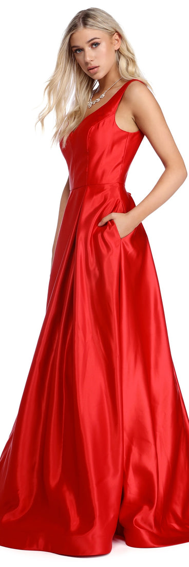 The Aubree Ravishing Satin Ball Gown is a gorgeous pick as your 2023 prom dress or formal gown for wedding guest, spring bridesmaid, or army ball attire!