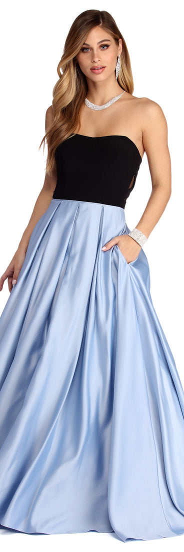 Marie Strapless Satin Ball Gown is a gorgeous pick as your 2023 prom dress or formal gown for wedding guest, spring bridesmaid, or army ball attire!