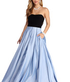 Marie Strapless Satin Ball Gown is a gorgeous pick as your 2023 prom dress or formal gown for wedding guest, spring bridesmaid, or army ball attire!