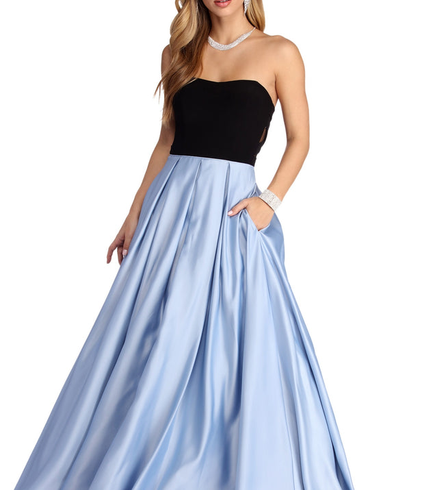 Marie Strapless Satin Ball Gown is a gorgeous pick as your 2023 prom dress or formal gown for wedding guest, spring bridesmaid, or army ball attire!