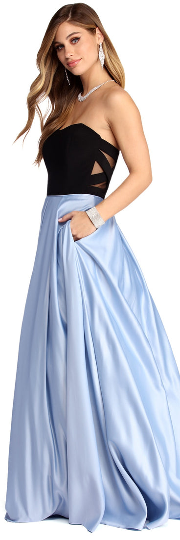 Marie Strapless Satin Ball Gown is a gorgeous pick as your 2023 prom dress or formal gown for wedding guest, spring bridesmaid, or army ball attire!